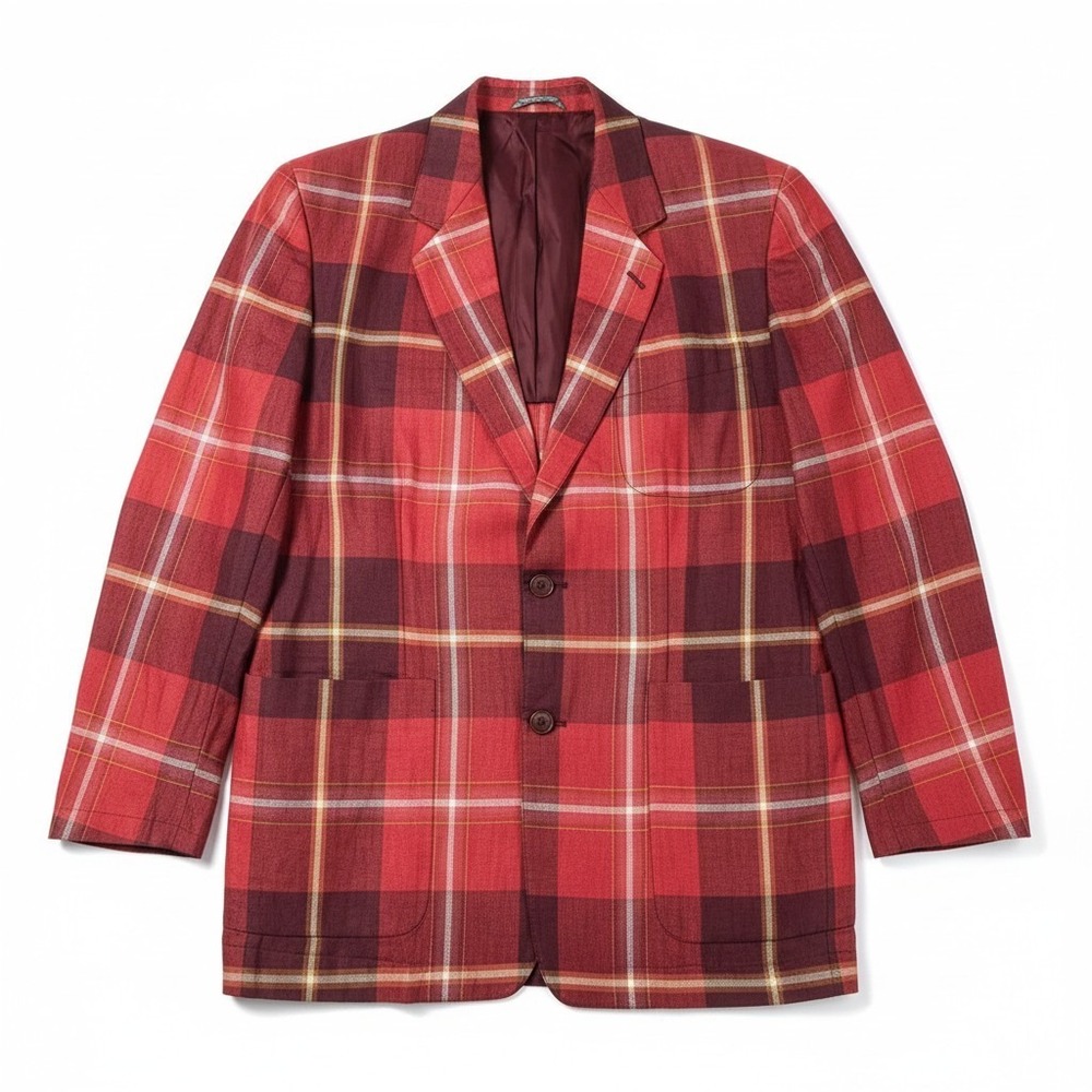 Byblos Blazer 50 Red Plaid Linen Made in Italy Two Button Sport Coat Mens